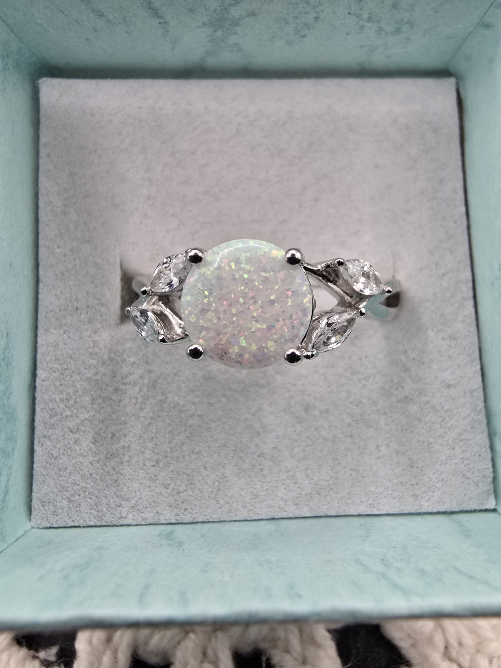 Opal Solitaire Ring with Accent Stones - White Opal